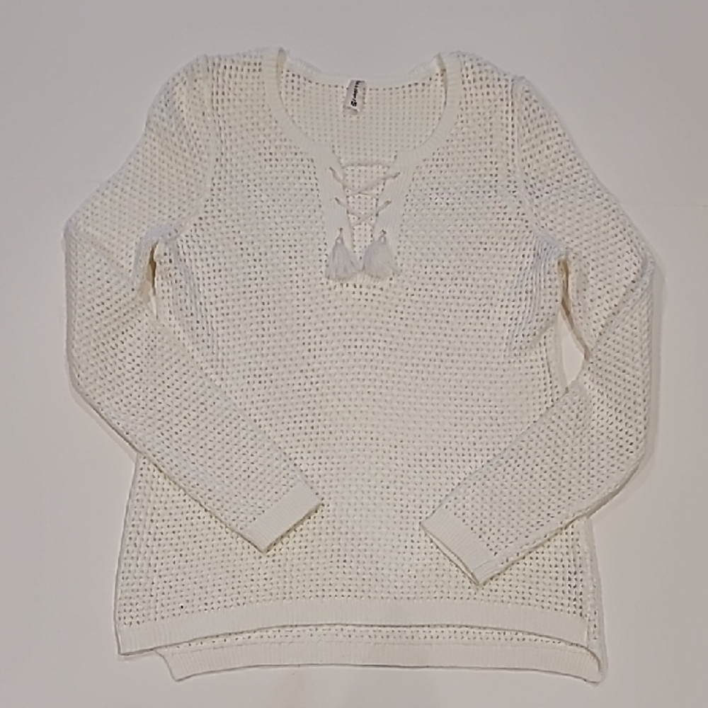 Soft As A Grape Open Knit with Lace-Up Detail Sweater Warm White Medium - Picture 5 of 13
